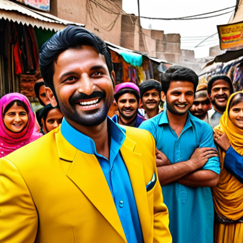 Home 4 "A vibrant scene depicting Bijli Man, a superhero in a blue and yellow suit, standing heroically in a bustling Pakistani marketplace. Children with diverse ethnic backgrounds are cheering him on. In the background, stalls are selling colorful fabrics and traditional Urdu sweets. The overall feeling is one of joy, community, and empowerment. Style: Digital art, reminiscent of a Pakistani comic book."
