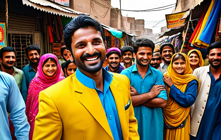 "A vibrant scene depicting Bijli Man, a superhero in a blue and yellow suit, standing heroically in a bustling Pakistani marketplace. Children with diverse ethnic backgrounds are cheering him on. In the background, stalls are selling colorful fabrics and traditional Urdu sweets. The overall feeling is one of joy, community, and empowerment. Style: Digital art, reminiscent of a Pakistani comic book."